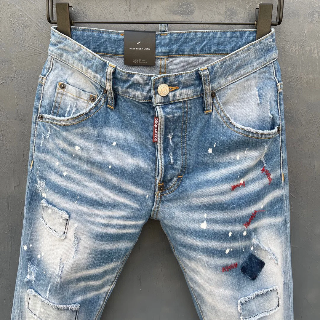 2022 Spring DSQUARED2 Light-Colored Washed Frayed Men's/Women's Jeans Fashion Micro-Elastic Simple Versatile Slim Feet 057