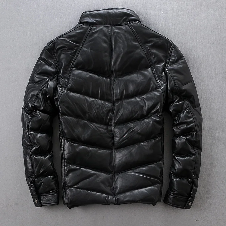 

winter down fashion jacket solid real genuine leather jacket men black sheepskin slim fit coats casual clothing