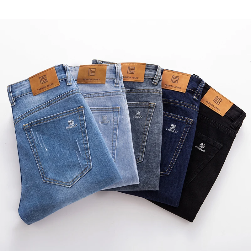 

2021 Autumn Brand Fit Straight Stretch Denim Jeans Classic Style Embroidered Youth Men's Fashion Slim Jeans Blue Black
