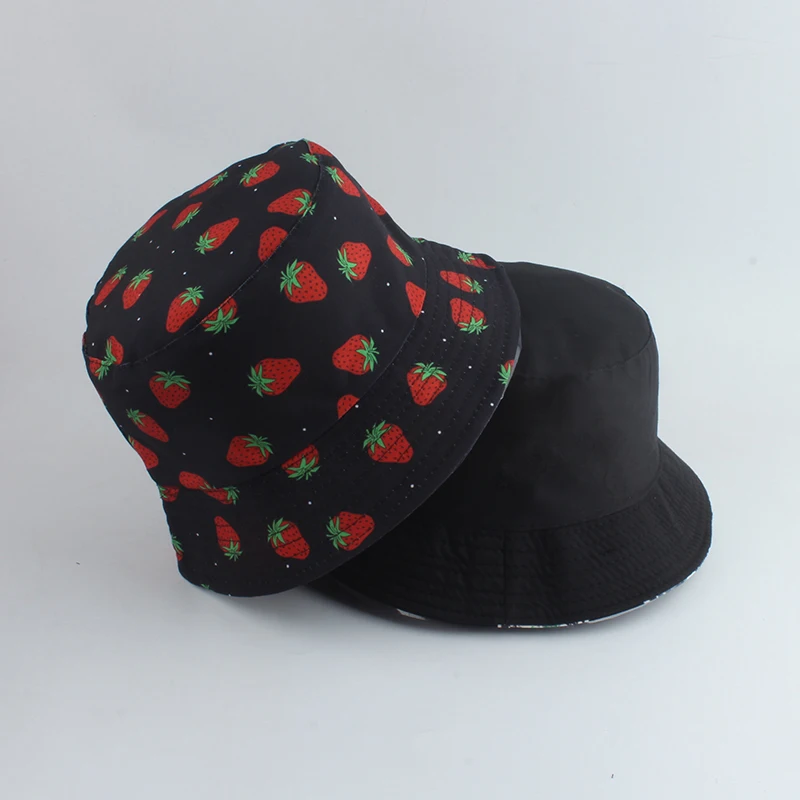

Bucket Hat Men Women Summer Fishing Bucket Cap Reversible Strawberry Print Bob Hat Hip Hop Gorros Sun Hats