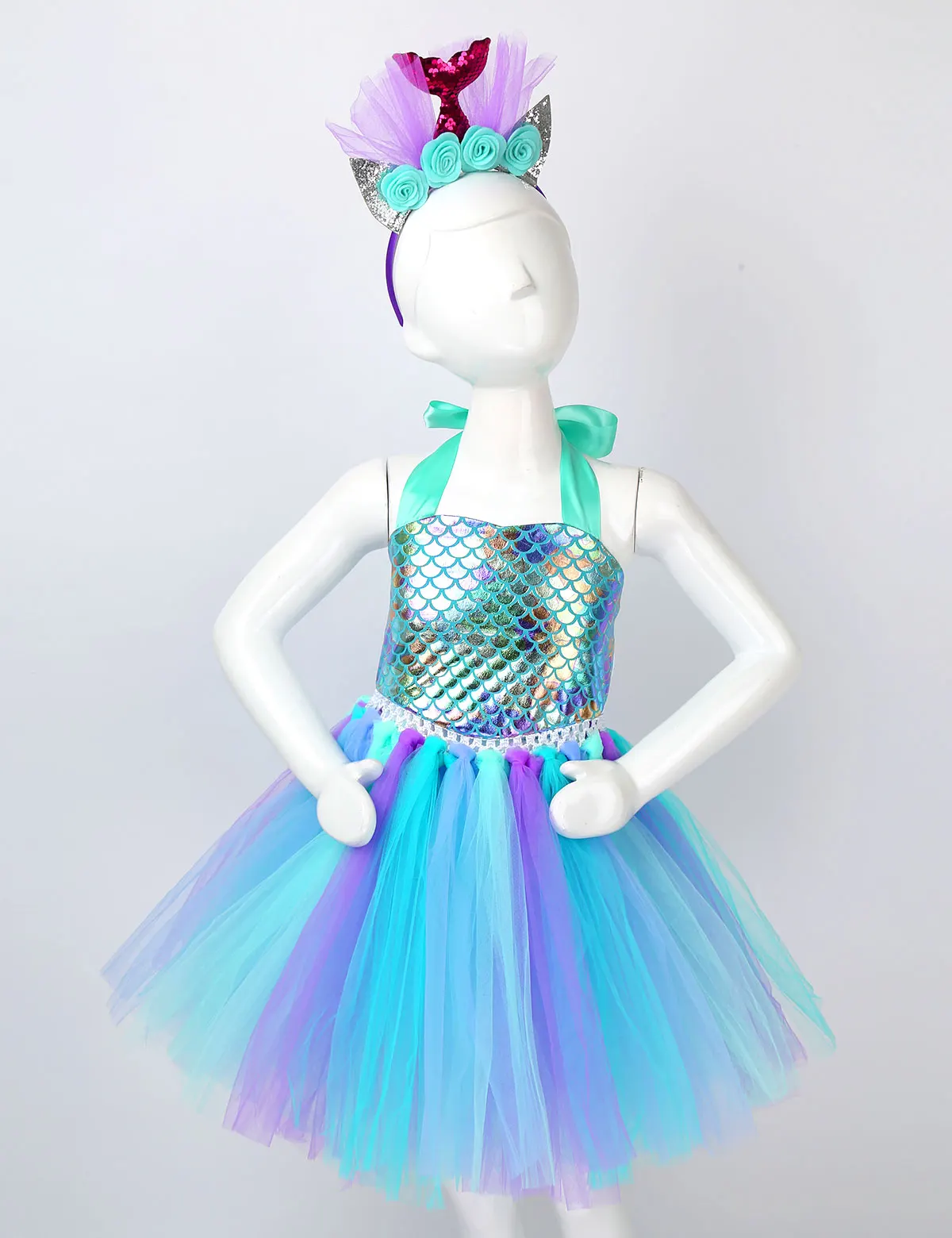 kids girls mermaid costume outfit halter neck fish scales printed mesh tutu dress with hair hoop for halloween carnival cosplay free global shipping