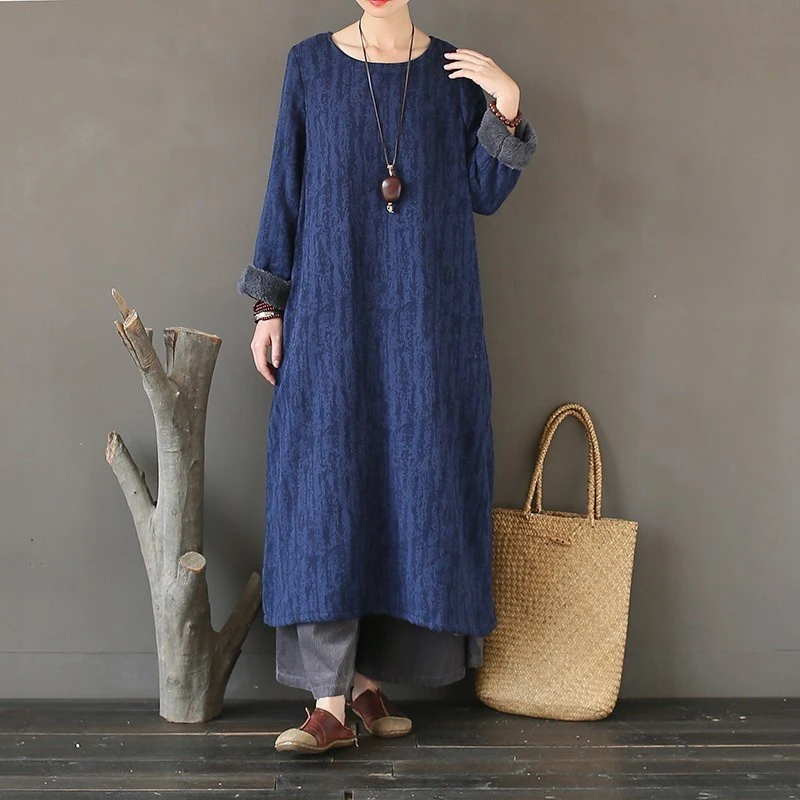 

NINI WONDERLAND 2021 Winter Plus Fleece Vintage Dress Women Jacquard Cotton Thicken Warm Long Dress Lady Loose Robe Big Size