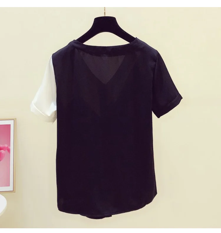

Black White Contrast Color T-Shirt Women's 2021 Summer New Korean Style Pullover V-neck Short Sleeve Chiffon Shirt Basic Top Tee