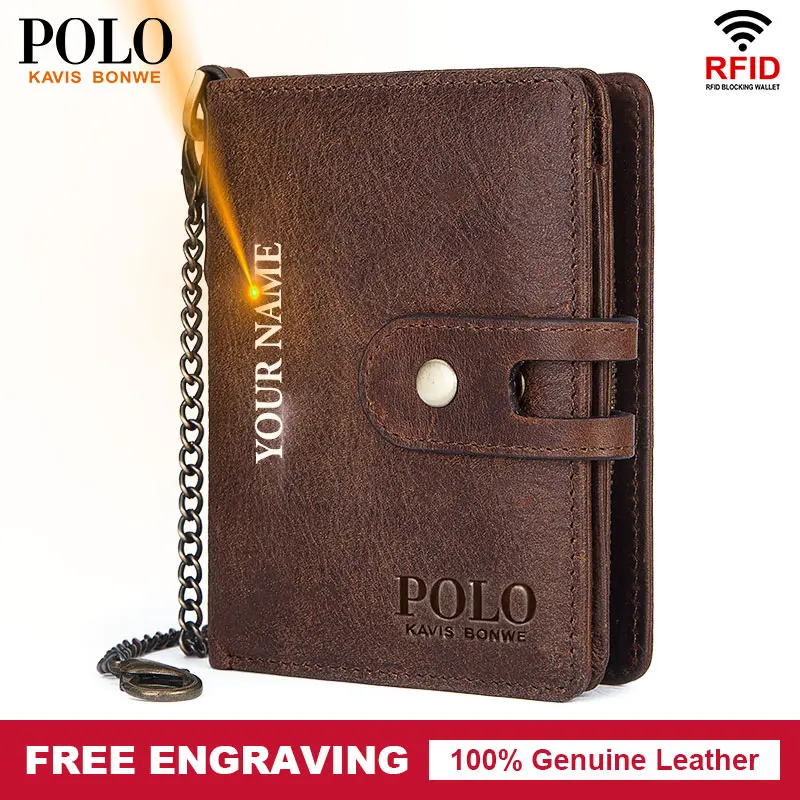 Бесплатная гравировка мужской кошелек портмоне кофе из натуральной кожи цепочка