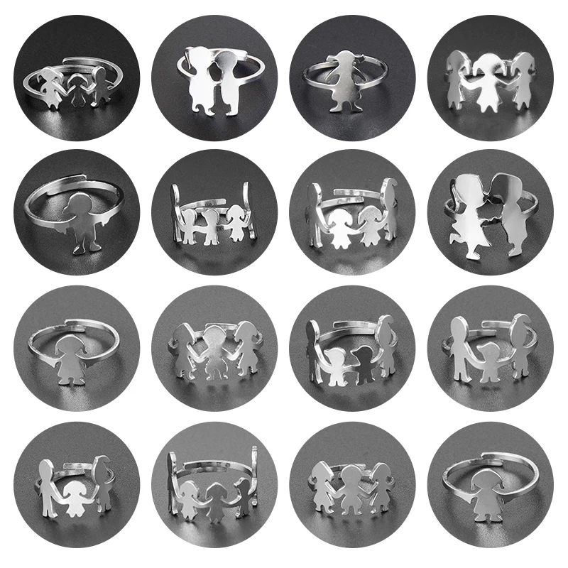 

Family Rings for Women Cute Child Girl Boy Kids Pattern Adjustable Stainless Steel Figure Rings Mom Couple Jewelry Gifts