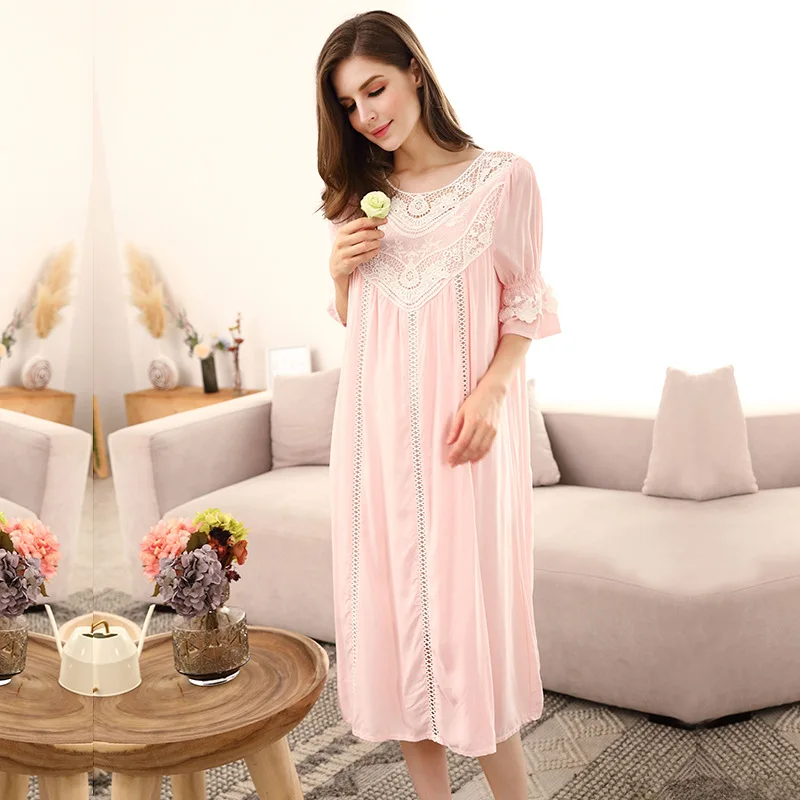 Spring Summer Cotton Women's Nightdress Sexy Lace Nightgown  V-neck Nightdwear Lady Court Style Retro Large Size Home Clothes