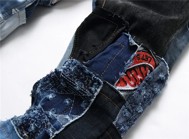 Men's Fashion Stitching Patch Design Patchwork Beggar Jeans Streetwear Buttons Fly Ripped Slim Personality Denim Pants