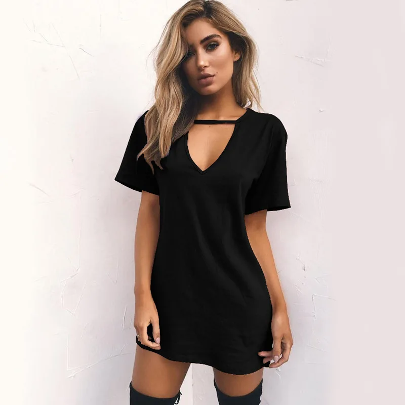 

Mini Dress Sexy Deep V-Neck Cotton Summer Ladies Casual Fashion Loose Short Sleeves A-Line Stitching Street Party Club