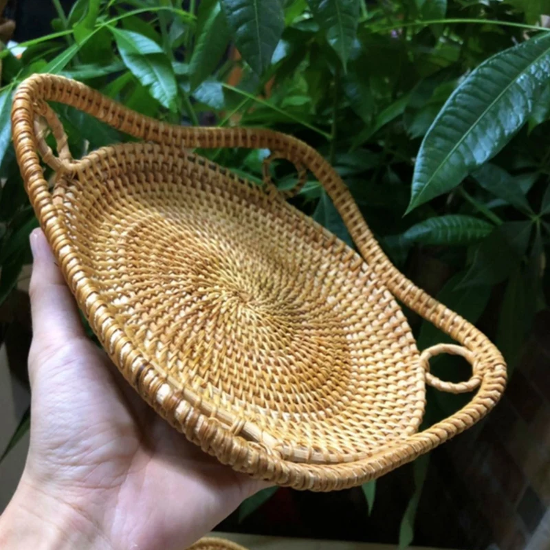 

Round Rattan Tray with Handles Tea Bread Coffee Table Serving Basket Woven Storage Tray Home Decoration, 2PCS