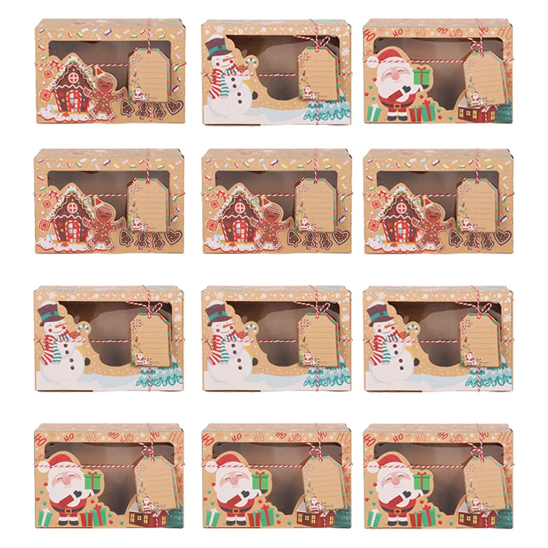 6/12pcs Christmas Candy Cookies Boxes Gift Box Kraft Paper Packaging European Style Treat Bags Santa Snowman Xmas Gift Bag Noel