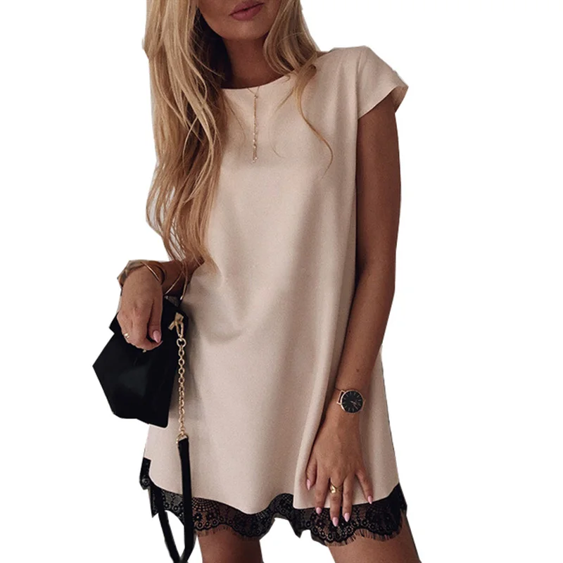 

Women Dress Short Sleeve Straight Lace Mini Party Dresses Summer Elegant Robe Femme Womens Clothing 2021