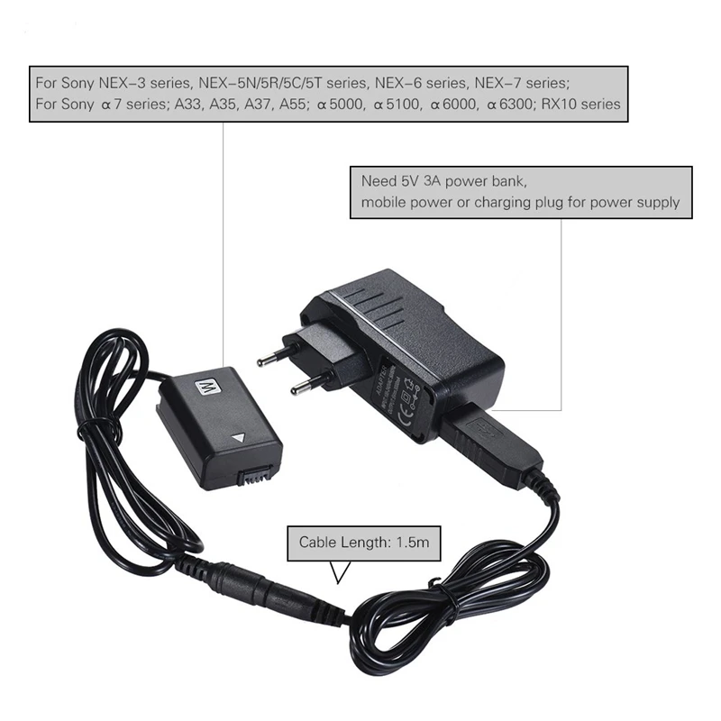 Np-Fw50 аккумулятор + 5 В 3A Usb Кабель-адаптер питания с разъемом для замены Ac-Pw20 Sony