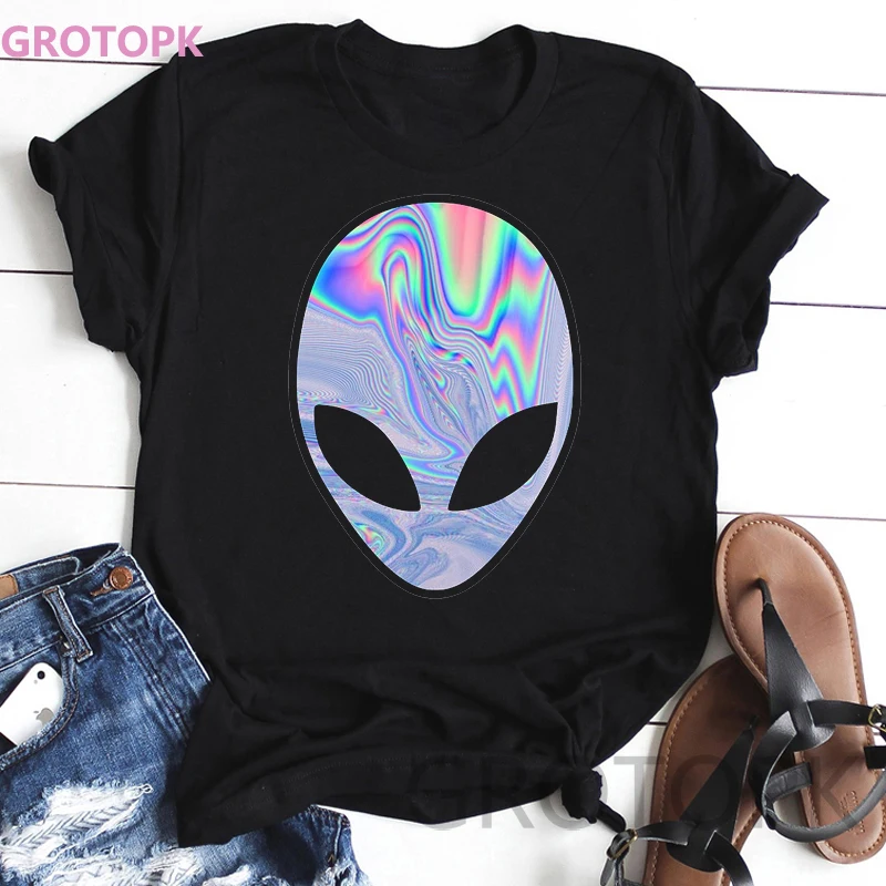 Футболка Alien женская с мультяшным принтом модная тенниска круглым вырезом в