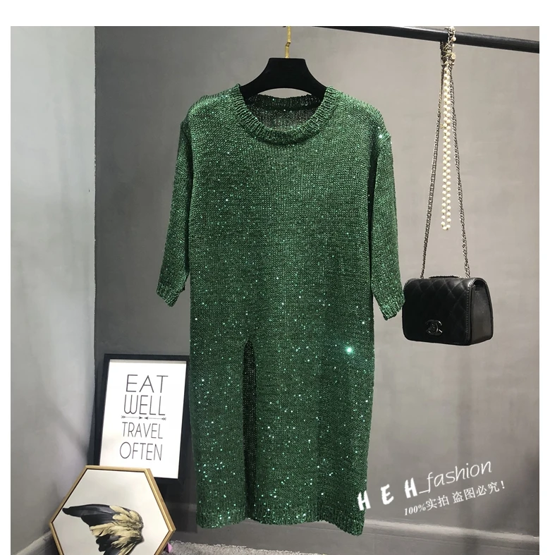 Cakucool Новые блестящие вязаные свитера платье Весна Круглая горловина половина