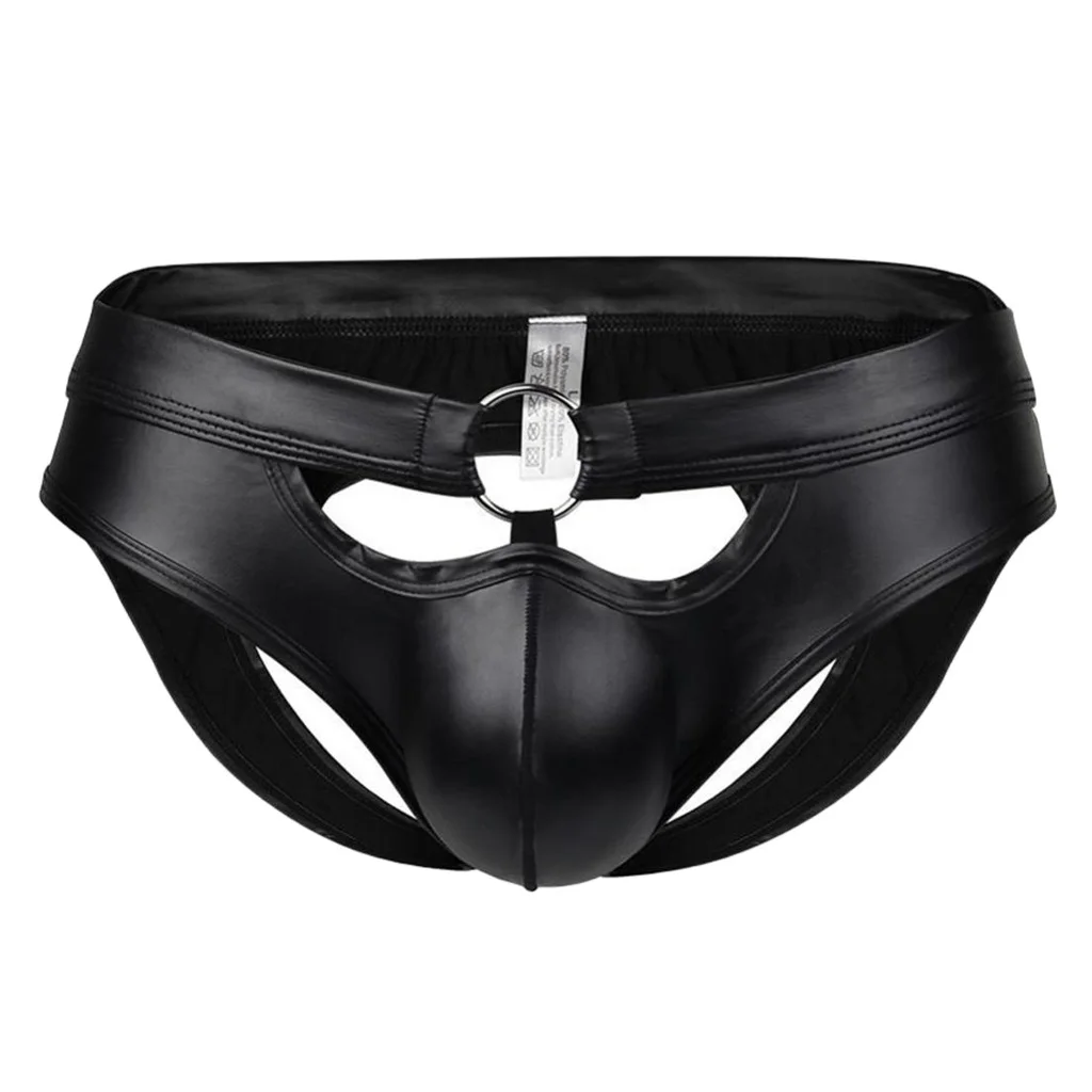 

Sexy Men PU Leather Briefs Bulge Pouch Erotic Low Waist Open Butt Bikini Jockstrap Underpants Nightwear
