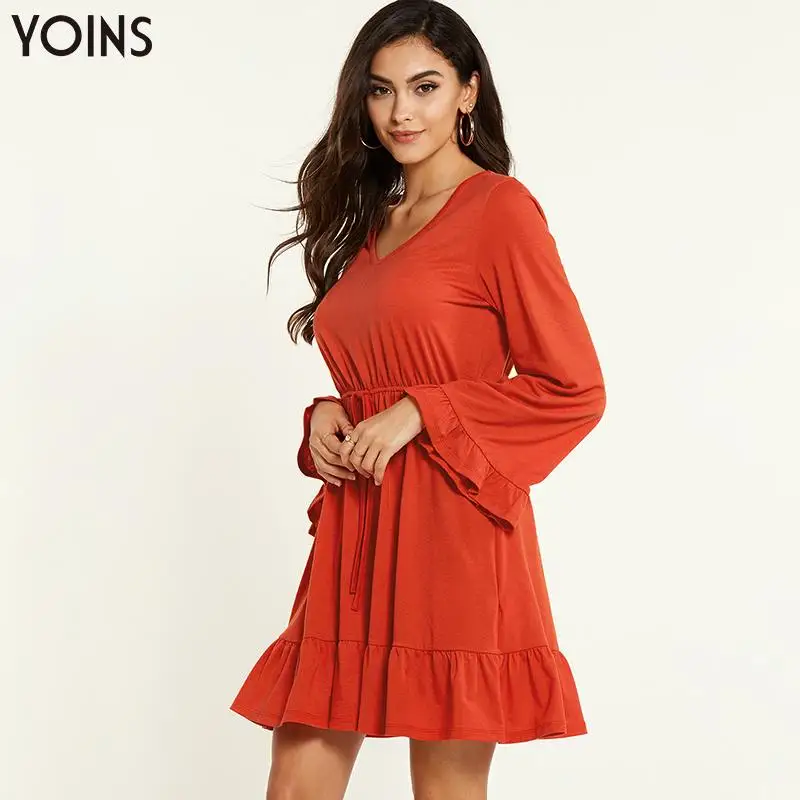 YONIS 2020 женское оранжевое платье с v-образным вырезом и завязками на талии длинными