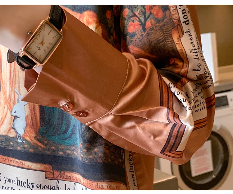 

Vintage Print Satin Shirts Women Office Lady Satin Tops Lady Button Up Shirts blouses Femme Elegant Chiffon Tops