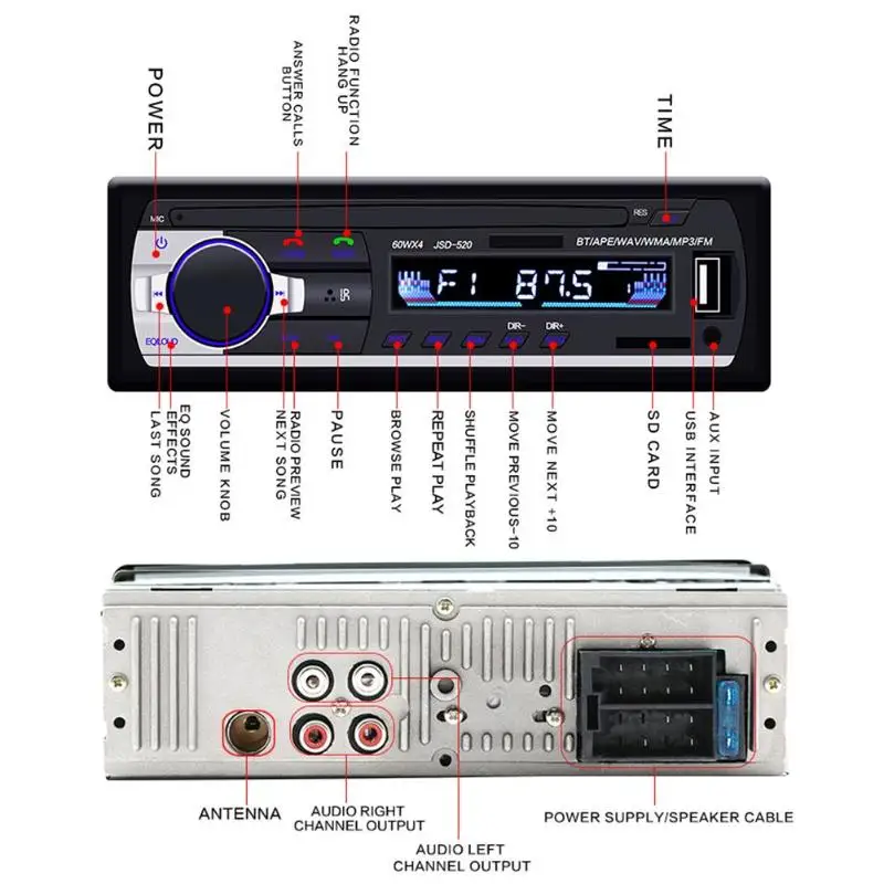 VODOOL Универсальный 1 din автомобильный Bluetooth авто MP3 плеер JSD 520C B 12V в тире стерео