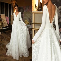 in stock vintage long sleeve lace satin wedding dresses deep v neck backless bride dress wedding robe de mariee bridal dress