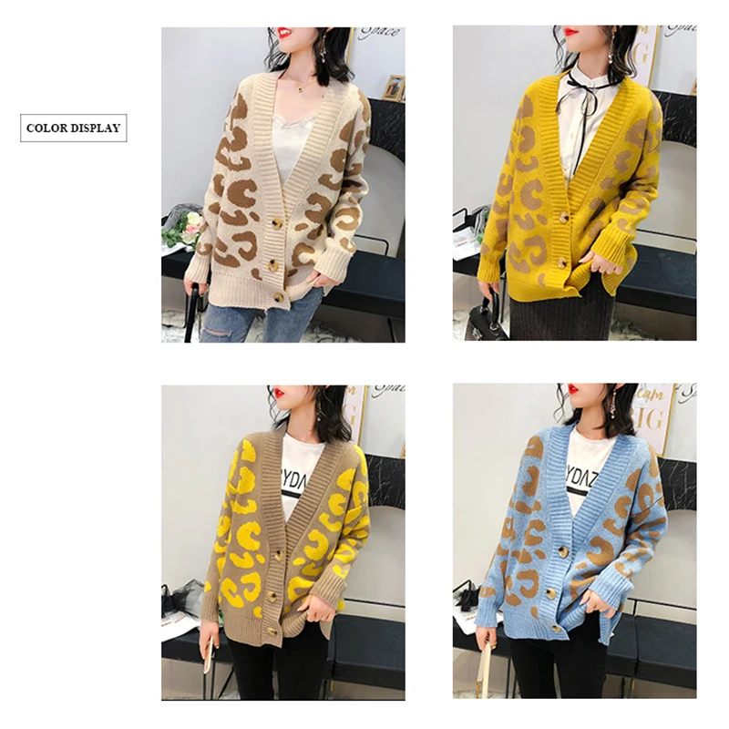 LEH кардиган с леопардовым принтом для женщин v-образный вырез пуговицы свитер