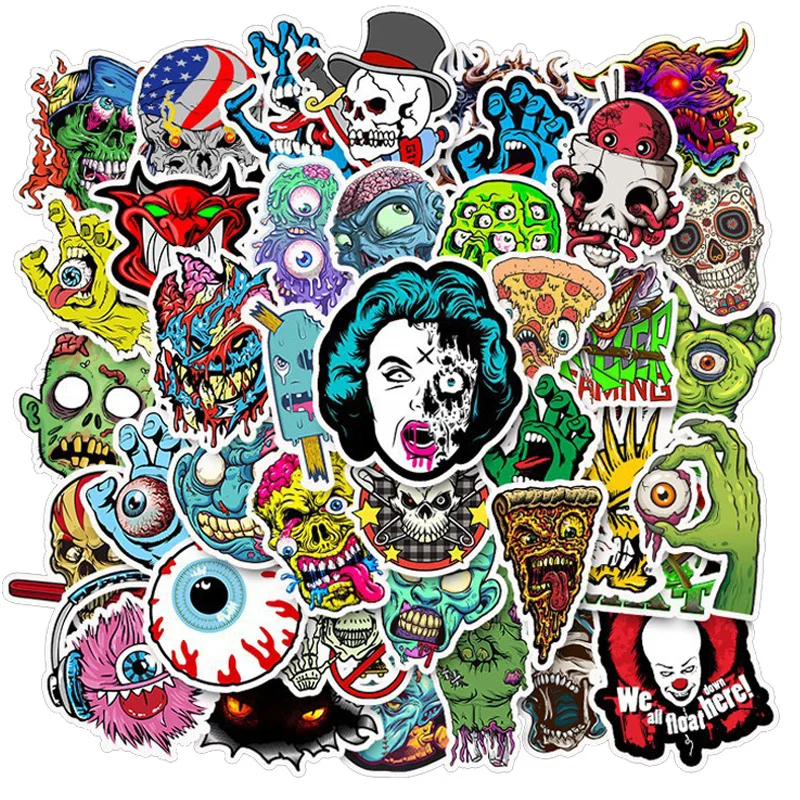 

10/50pcs Pack Cartoon Hydroflask Horror Skull Stickers Waterproof Luggage Skateboard Motorcycle Cool Stickers Kids Toys