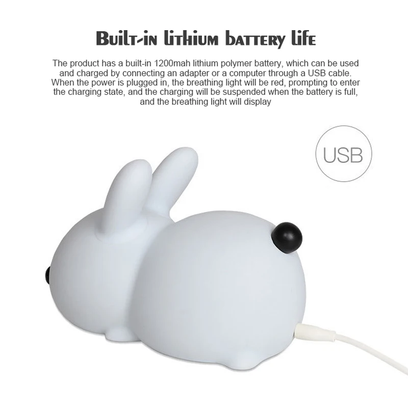 LED silicone rabbit night light USB charging double-color dimming patting lamp creative gifts cartoon children's | Лампы и