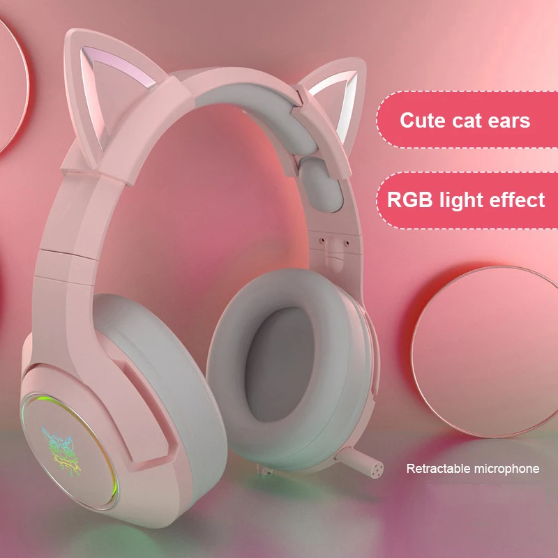 Satin Al Oyun Mikrofonlu Kulaklıklar Sanal 7.1 Gürültü Iptal Pembe Kedi Kulak Kulaklık Titreşim LED ışık PC Gamer Için Kulaklık