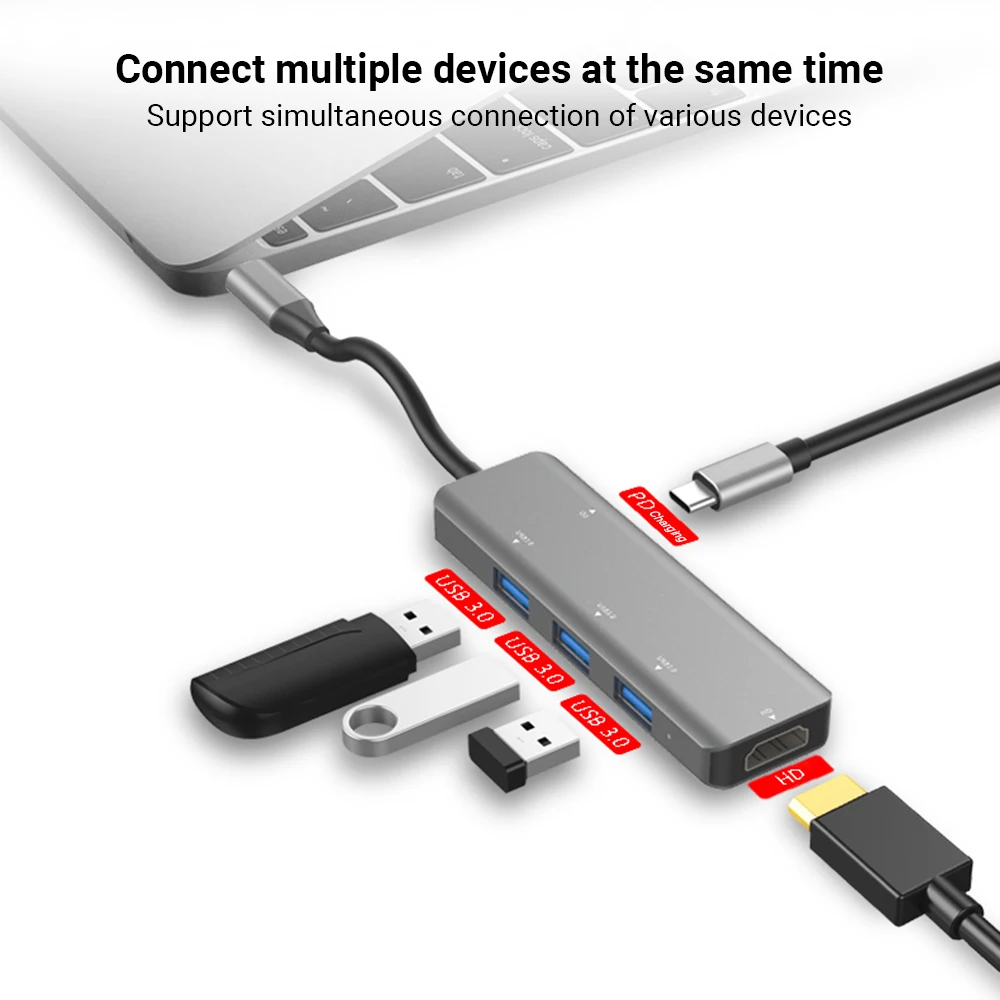 

T510 5 in 1 Hub Type-C To USB3.0*3+PD+HD Intelligent USB Hub Multi-port Adpater for Laptop Computer Mobile Phones Gray