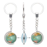 mini earth pattern keychain time gemstone glass pendant key chain double side rotating silver keyring car bag accessories