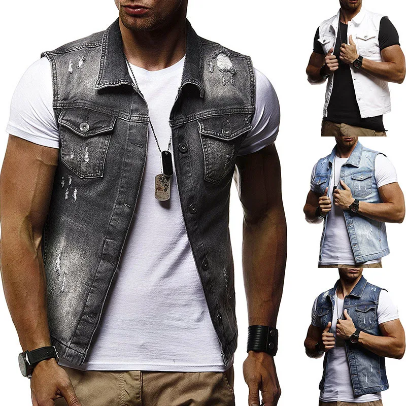 

Men Jeans Jacket Slim Fit Sleeveless 2019 Summer Fashion Classic Denim Vest Black Turn-down Collar Jeans Waistcoat Men Vest Y