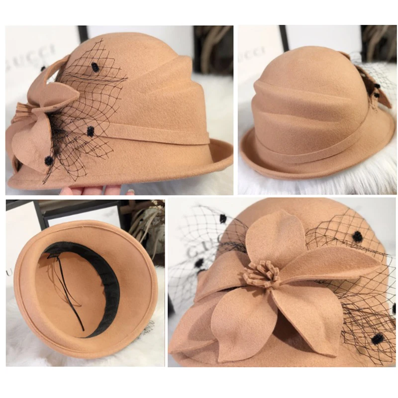 

New Autumn Winter wool Hat for Women elegant Style Flower Warm Wool Hat Winter Cap Lady Party Hats Fedoras Dome Chapeu