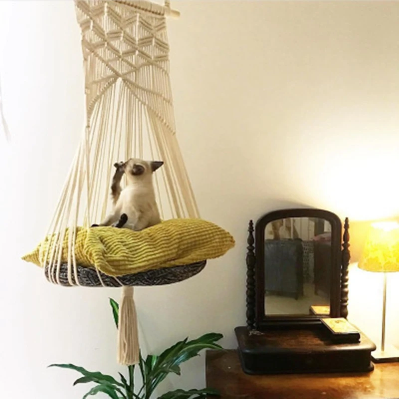 Cat Swing Cage Handmade Macrame Pets Pet House Cats Hanging Sleep Chair Seats Toy Four Seasons Available(No Litter) | Дом и сад