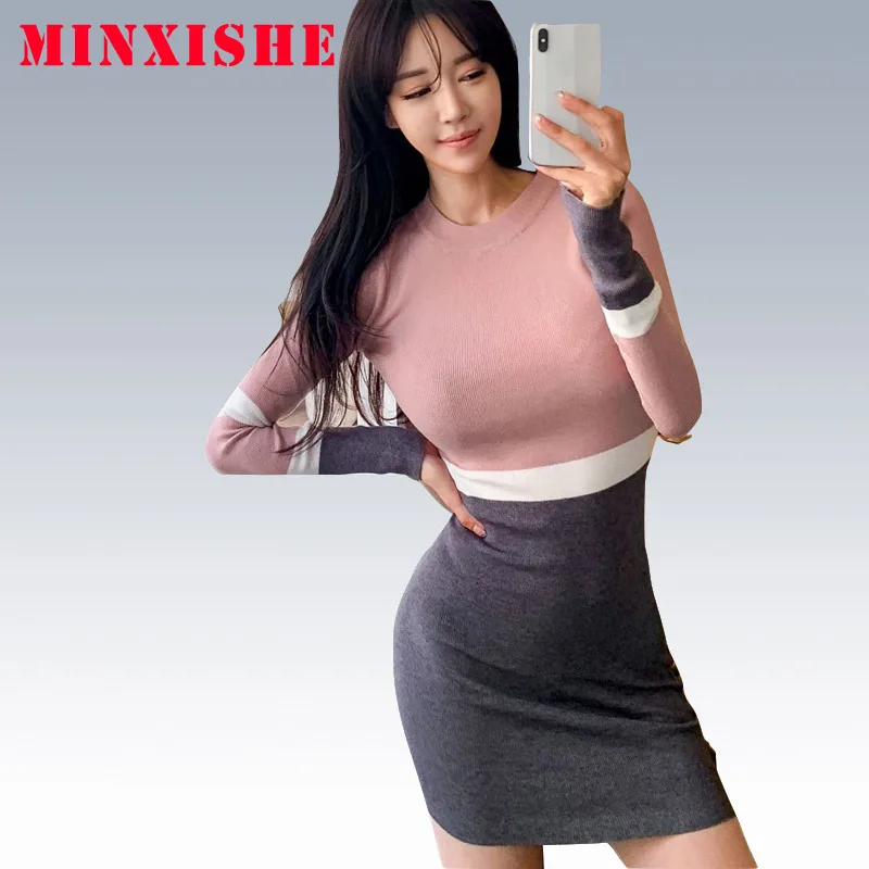 womens autumn winter sweaters clothing new 2019 O neck jumper pullovers long sleeve Sexy Korean Bandage Mini femme Knitted dress | Женская