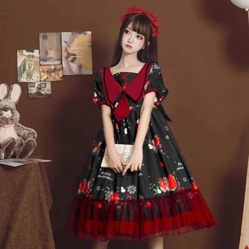 

Strawberry Red Lolita Dress Harujuku Anime Sweet Girls Lolitas Outfit Women Dresses Loli Jsk Op Cosplay Victorian Kawaii Gothic