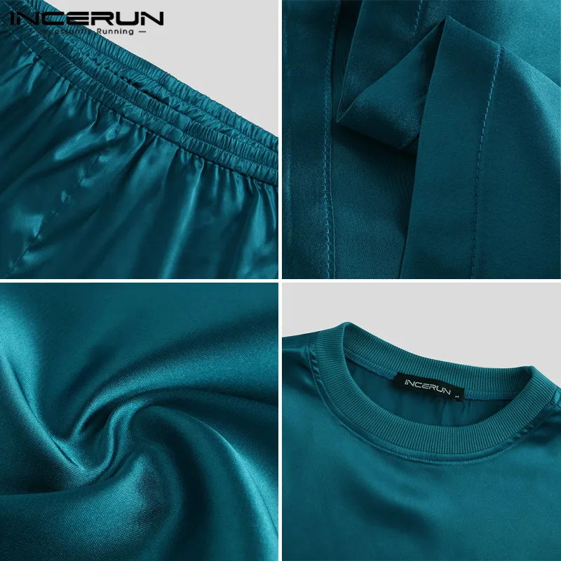 

INCERUN Men Pajamas Sets O Neck Short Sleeve Solid Tops Shorts Summer Homewear Casual Comfy Two-Piece Mens Sleepwear Sets S-5XL