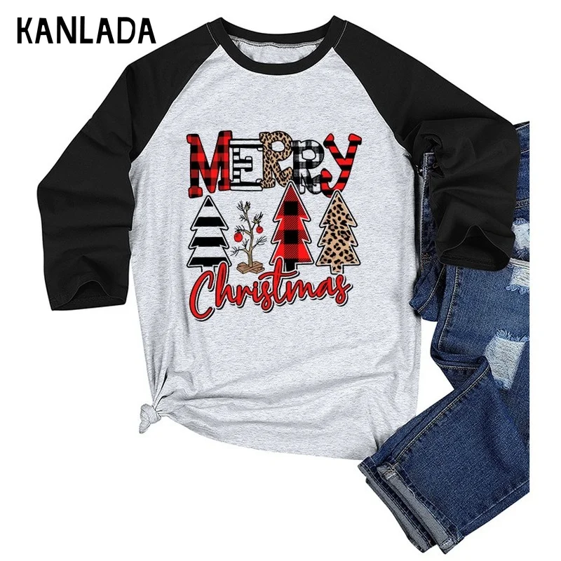 

Merry Christmas Letter Christmas Tree Print Christmas Day Women's Top Crew Neck Long Sleeve T-Shirt
