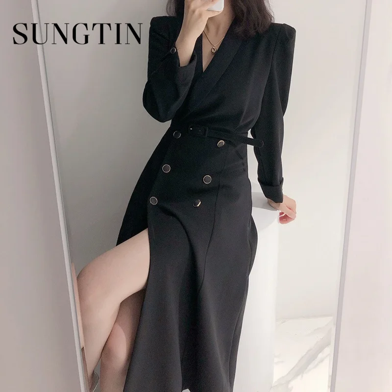 Женское двубортное платье-блейзер Sungtin с поясом в Корейском стиле однотонное