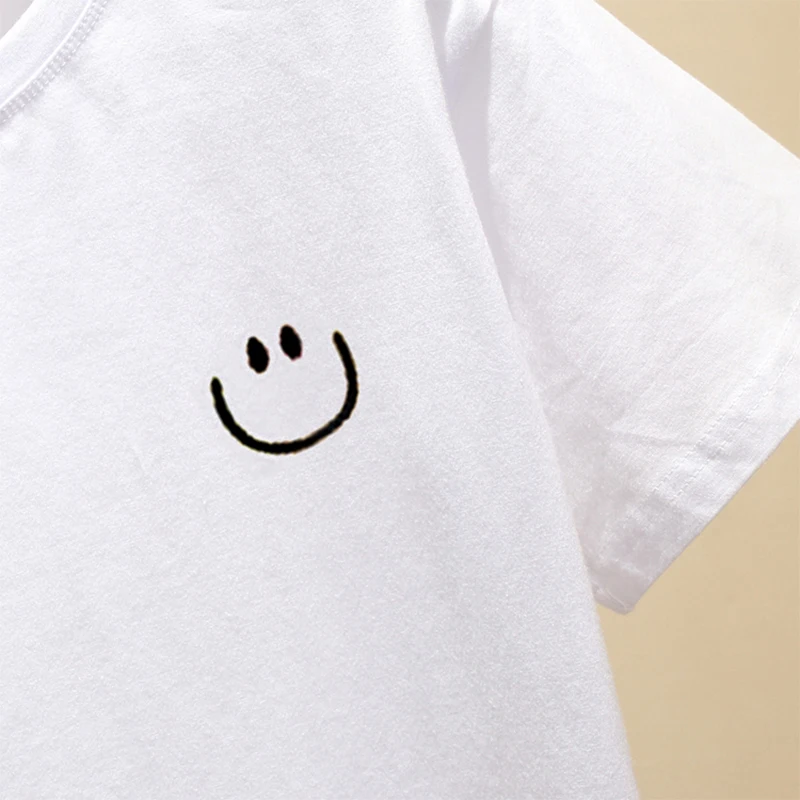 

Summer smiley face embroidery pure cotton white bottoming shirt T-shirt women short-sleeved top clothes loose casual Korean wome