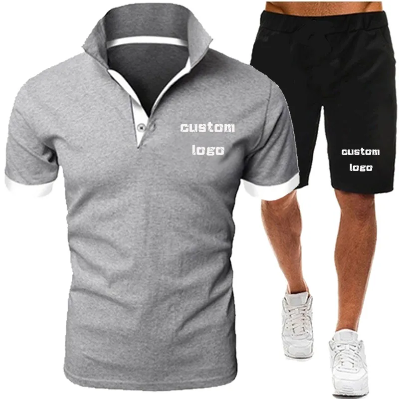 Мужской спортивный костюм рубашка-поло + короткий комплект с логотипом на заказ