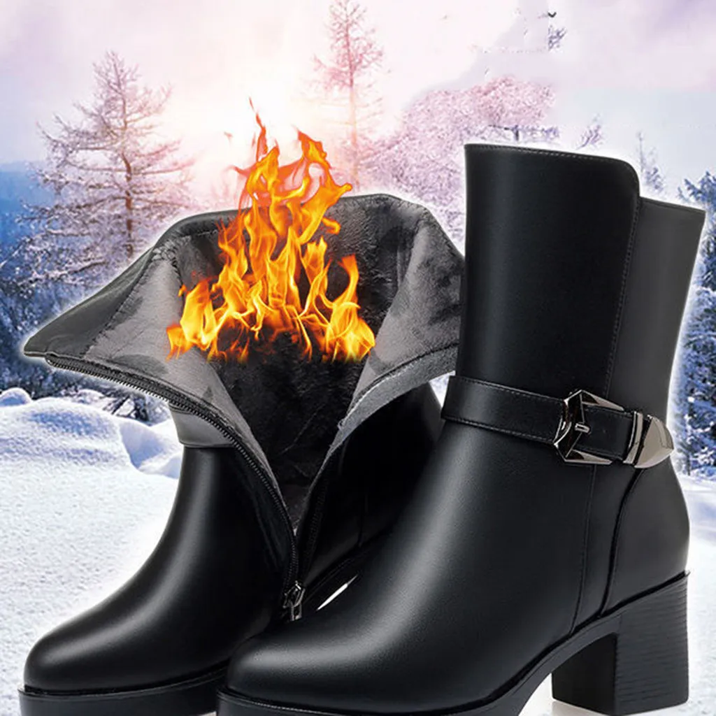 

Women's fashion casual square high heels in the calf boots leather shoes ladies solid color warm thick with the boots