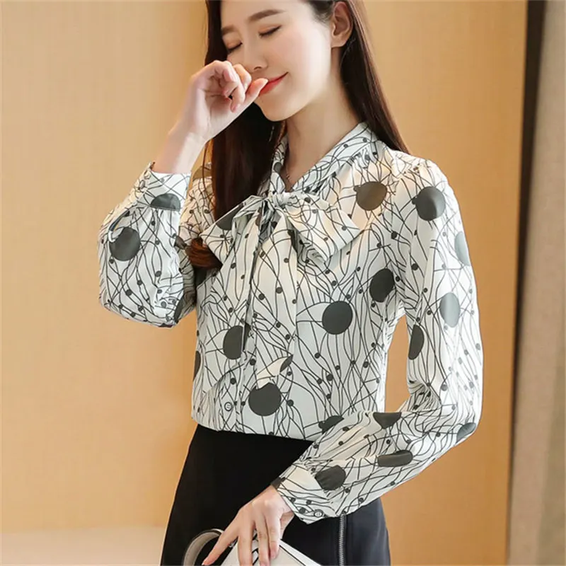 

2020 Autumn New Fashion Women Tops And Blouses Long.Sleeve Polka Dot Print Chiffon Shirts Elegant Lady Bow V-Neck Clothes Blusas