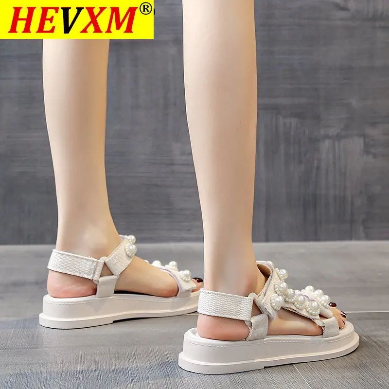

Anti-Skid 2021 Summer Comfort Shoes for Women Beach Sandals All-Match Suit Female Beige Big Pearl Girls Flat Gladiato