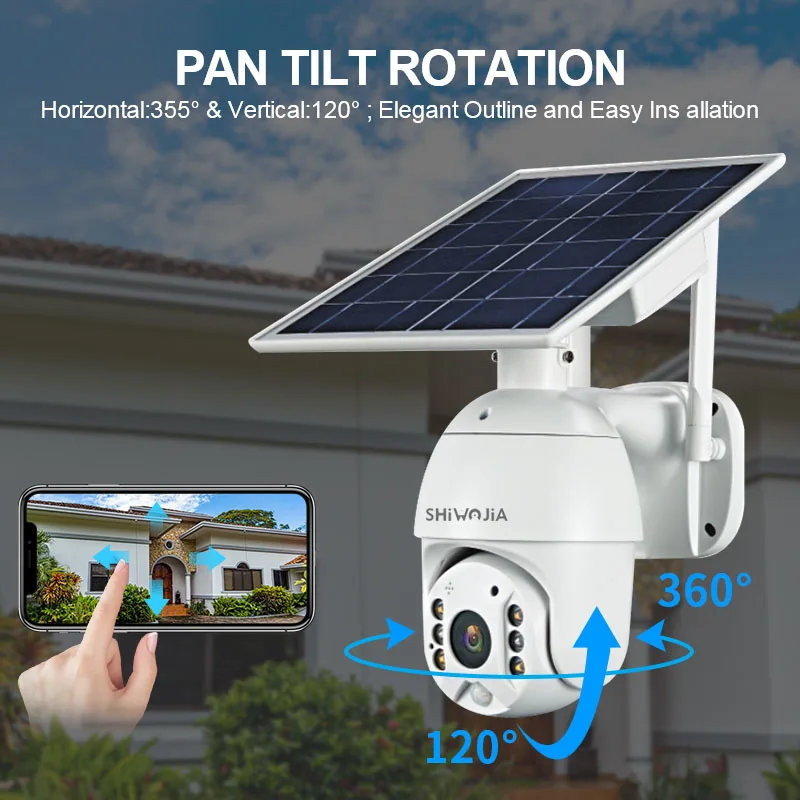 SHIWOJIA 4G SIM Version Solar Panel Camera PTZ 2MP HD Security Monitor Outdoor Smart Home Ranch Forest LED Alarm 4x Digital Zoom