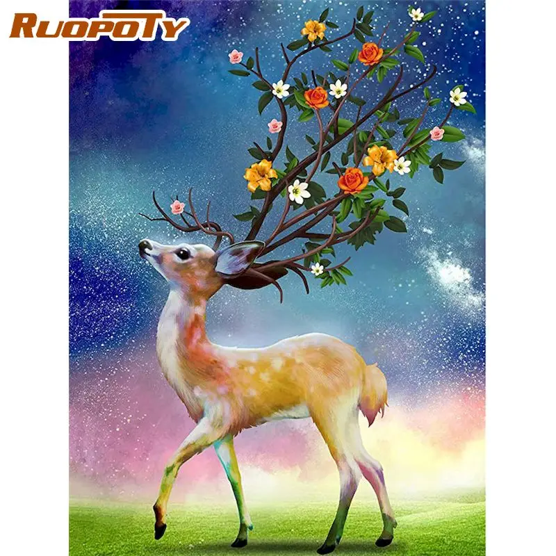 

RUOPOTY DIY Painting By Numbers Flower Deer Picture On Canvas Animal Coloring By Numbers Home Decor Acrylic paints