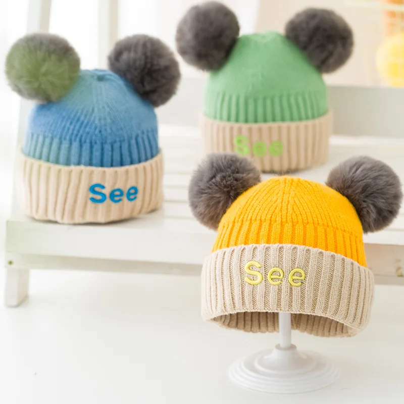 

Детская зимняя трикотажная Шапка-бини с двумя помпонами для мальчиков и девочек 1-3 лет