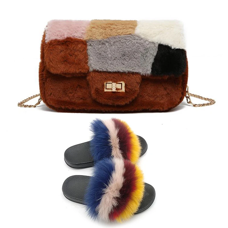 

Summer Extra Fluffy Slippers And Plush Bags Real Fox Fur Slides And Purse Comfortable Furry Sandals With Handbags Women Shoes