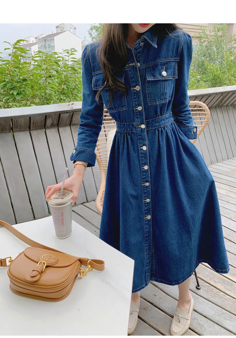 Женское джинсовое однобортное платье повседневное длинное винтажное с отложным