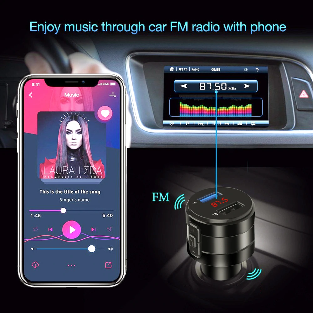 Автомобильный FM трансмиттер Bluetooth MP3 плеер с поддержкой U диска AUX 3 1 А два USB порта