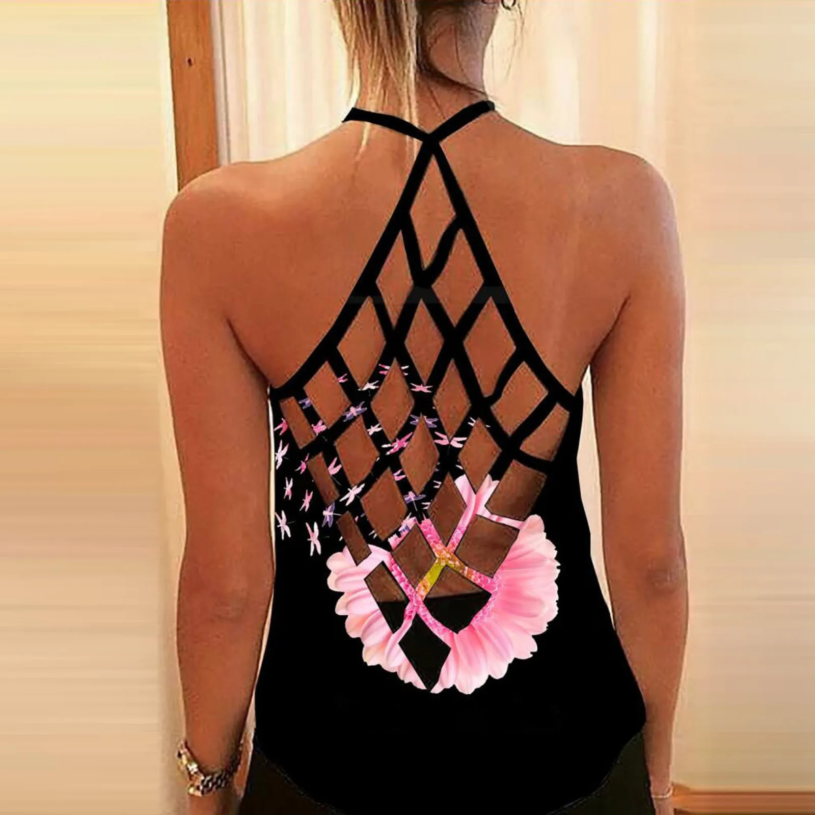 Женская майка на бретелях с открытой спиной принтом черепа подсолнуха без