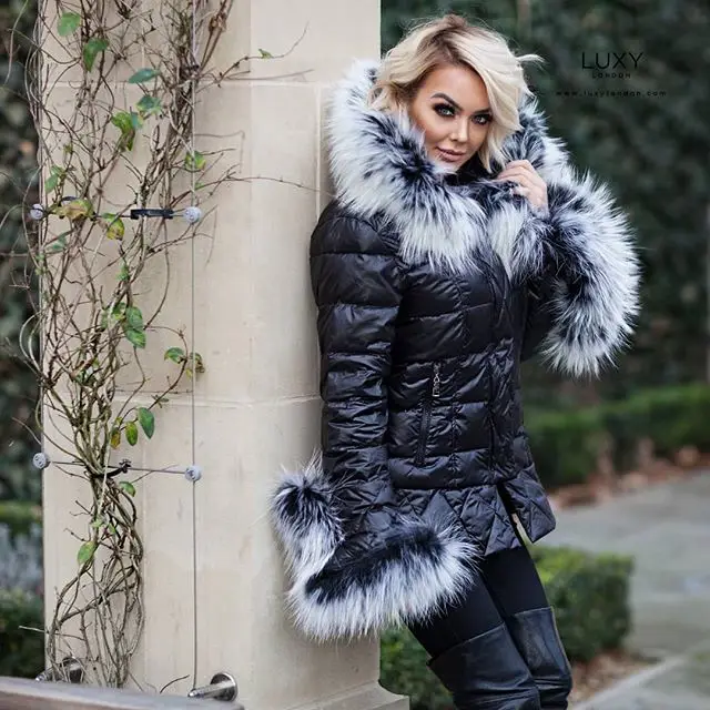 FLDJ13black frost Fandy lokar, утиный пух, куртки, женские, зимние, теплые, настоящий, большой мех енота, с капюшоном, пальто, женское, настоящий мех кролика, пуховик - Цвет: FLDJ13black frost